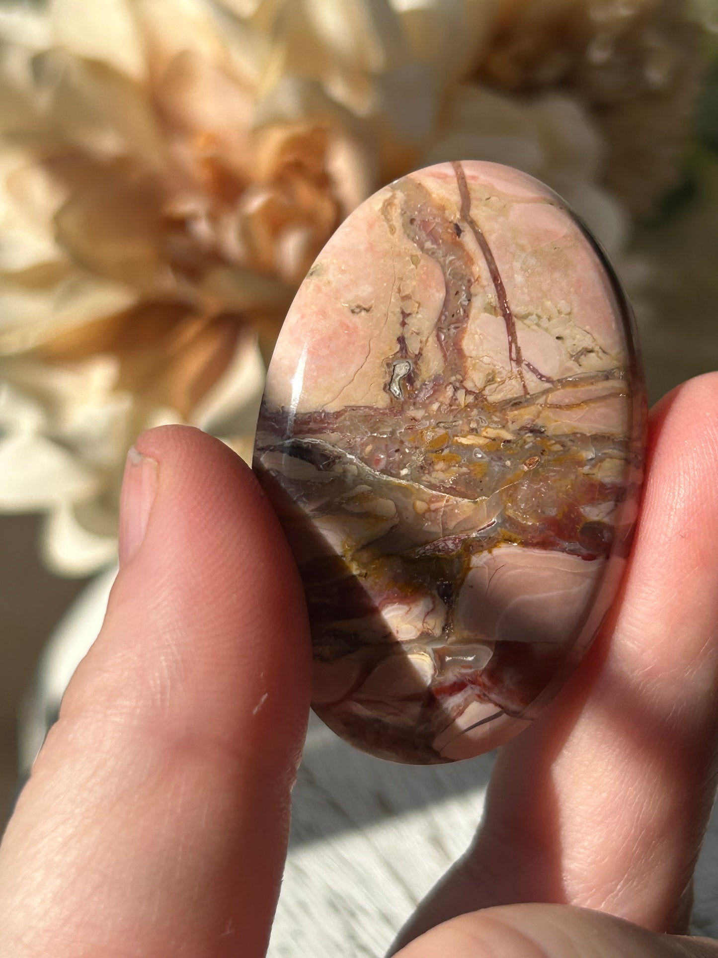 A hand holding a polished oval stone cabochon with pink, beige, brown, and dark marbling, photographed in bright natural light against a blurred cream-colored background.