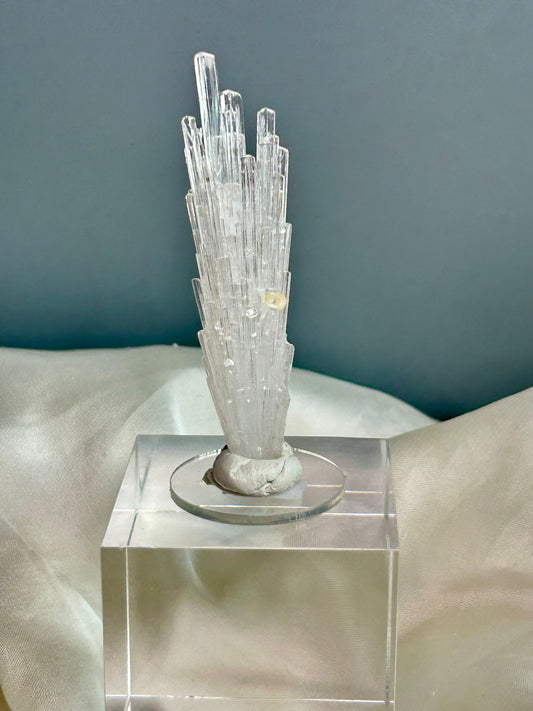 Natural scolecite spray cluster with golden calcite nodules from Maharashtra, featuring delicate radiating crystal blades