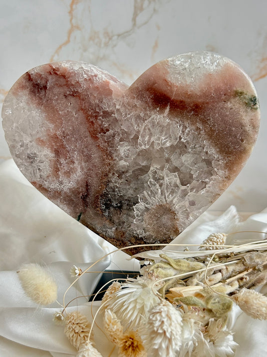 Pink Amethyst Heart – Soft Rose & Druzy Cluster Formation - With Stand