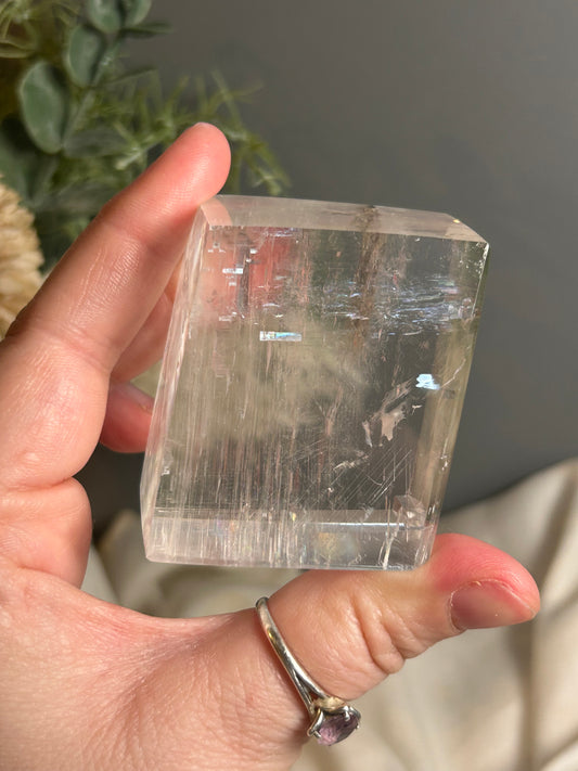 Optical Calcite Cube — Clear Iceland Spar Crystal | Rainbow Flashes
