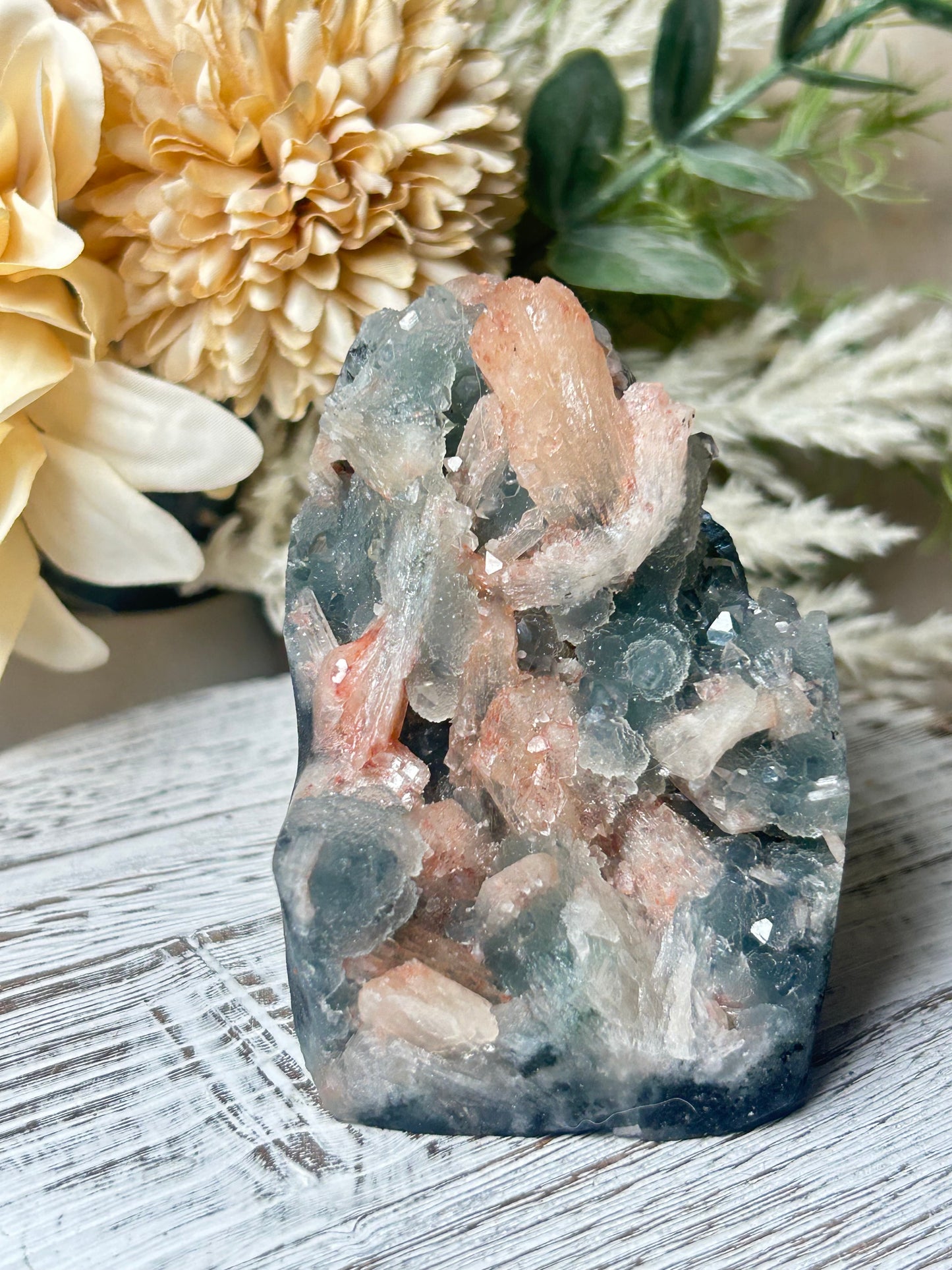 Stilbite on chalcedony cluster with peach fan-shaped crystals on blue grey matrix natural mineral specimen