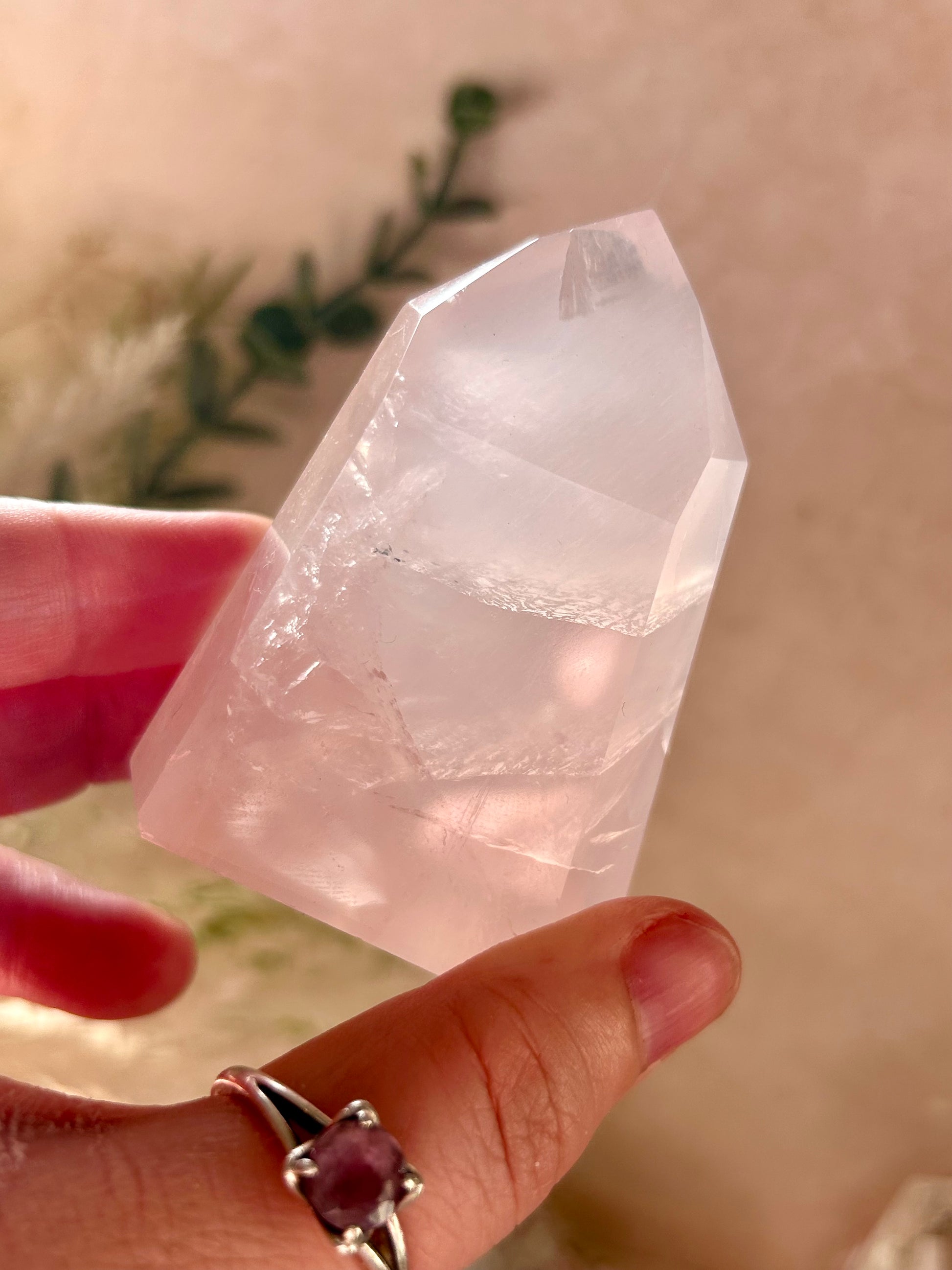Hand holding a clear crystal with a blurred natural background