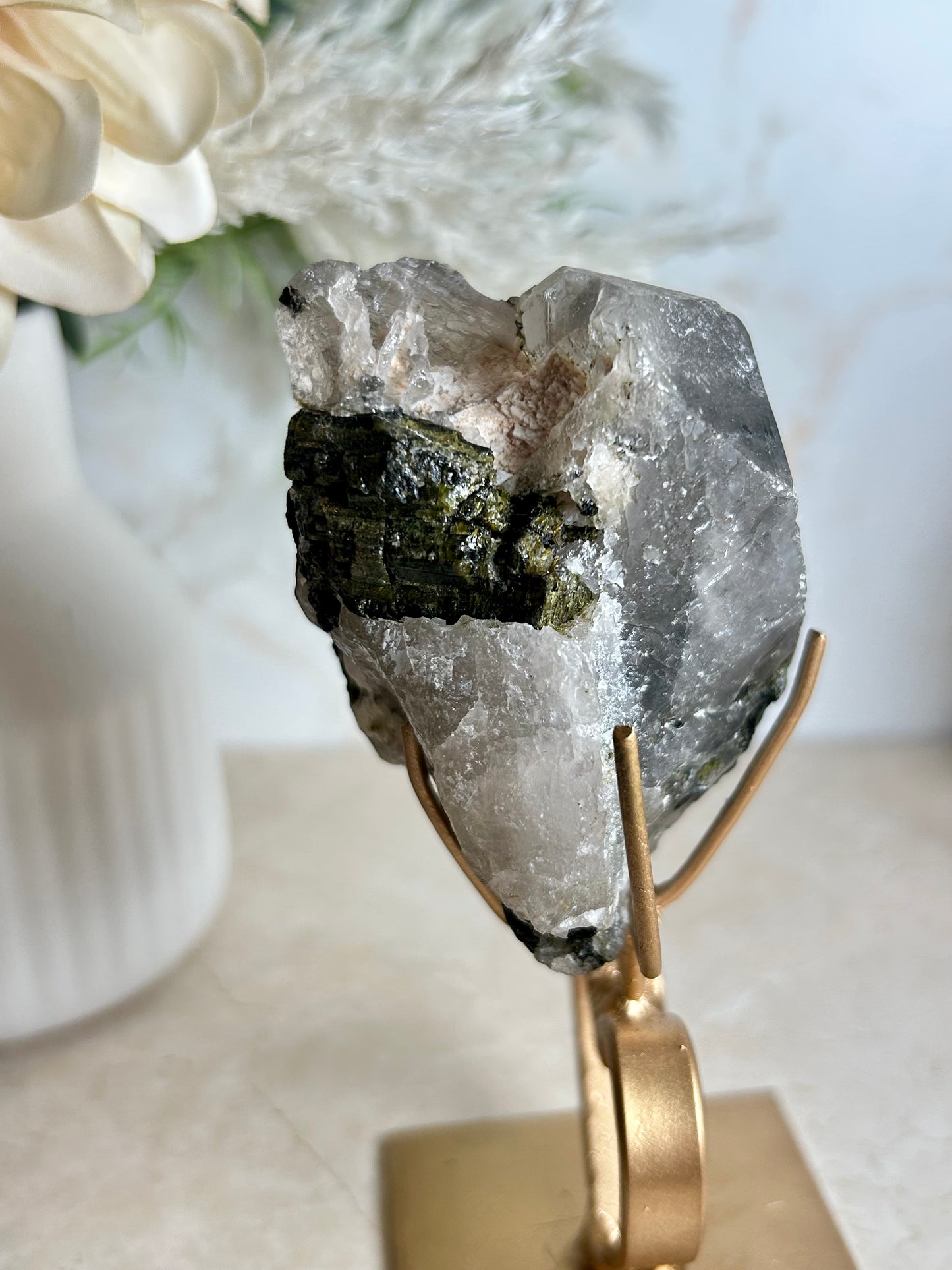 Natural Tourmaline & Epidote Crystal Cluster on Display Stand – Collector Mineral Specimen