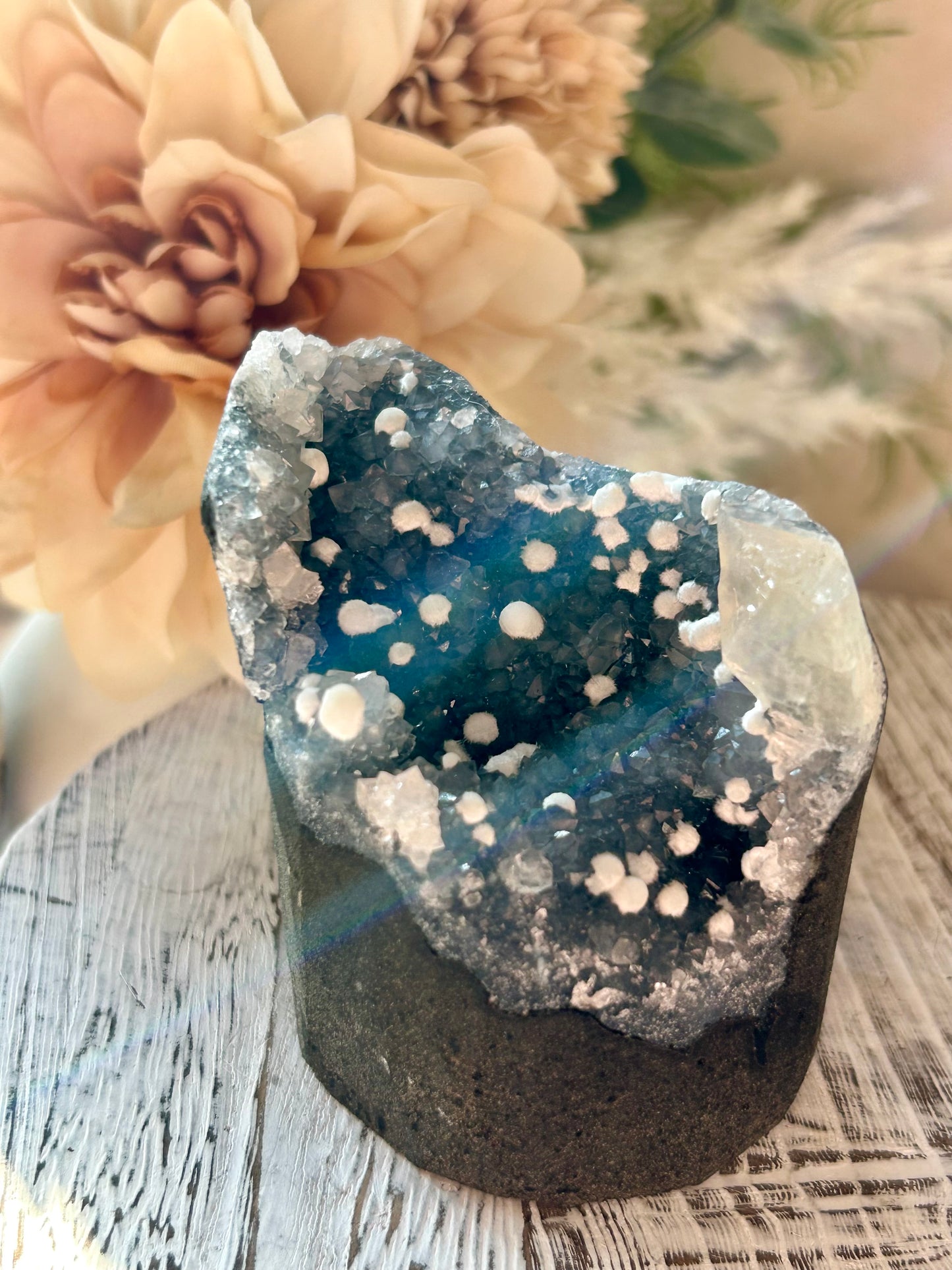 Natural Okenite on Grey Chalcedony with fibrous white formations and natural basalt matrix.
