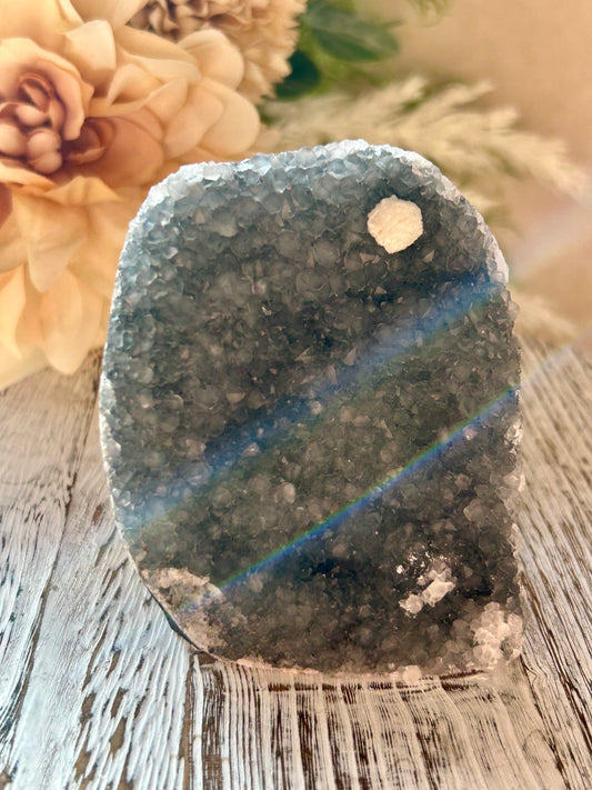 Natural Okenite on Grey Chalcedony with fibrous white formations and natural basalt matrix.
