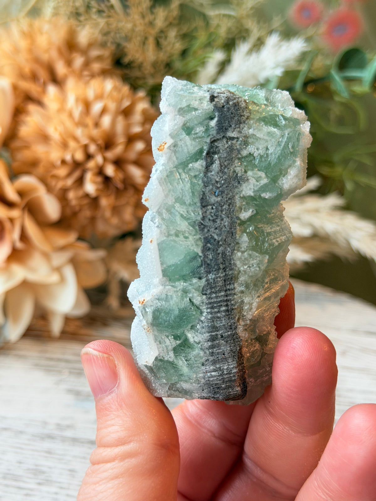 Green Sugar Fluorite Cluster - Stand Included
