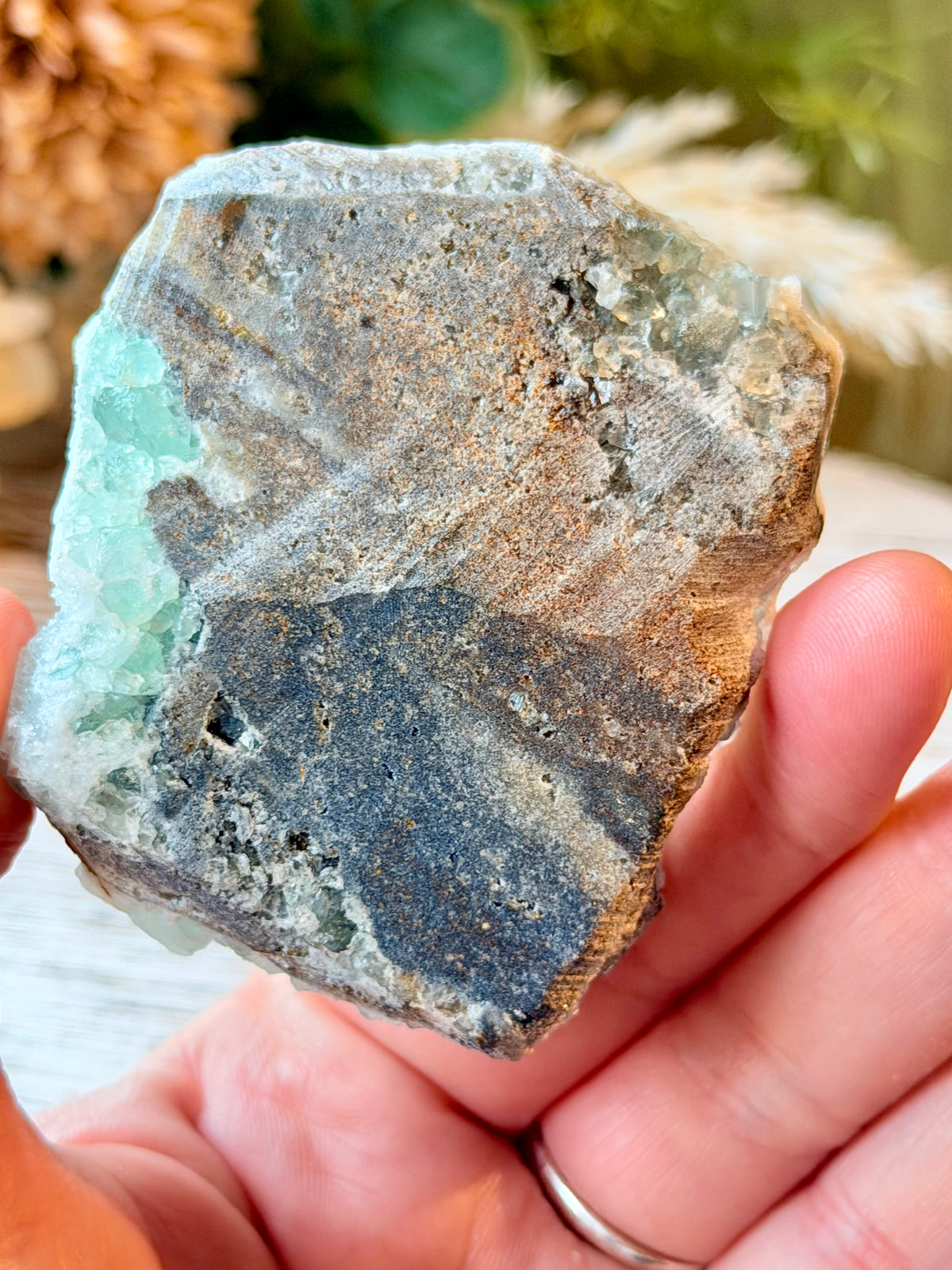 Green Sugar Fluorite Cluster - Stand Included