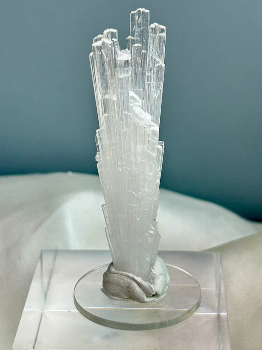 Natural scolecite spray cluster with golden calcite nodules from Maharashtra, featuring delicate radiating crystal blades