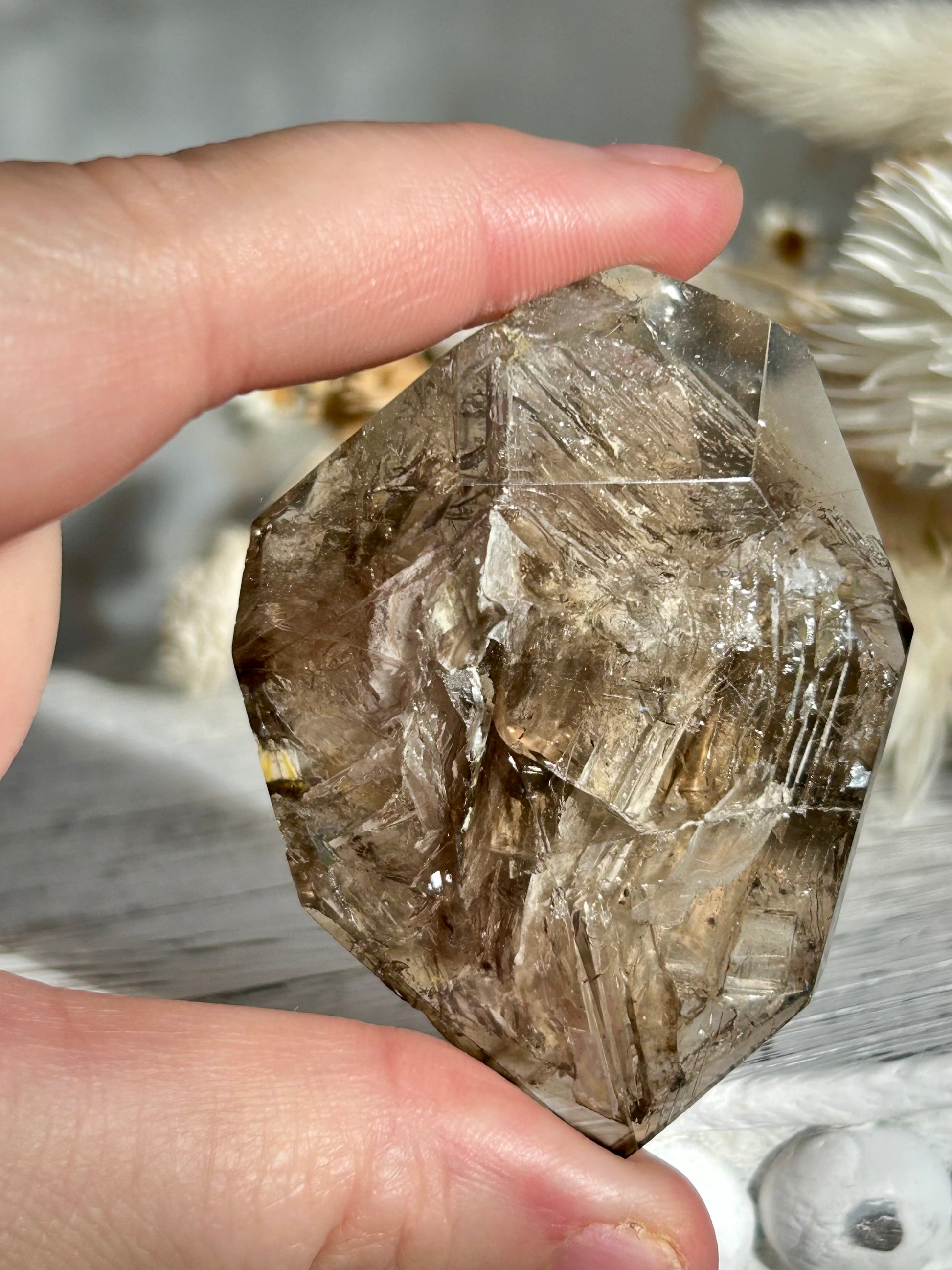 Golden Elestial Quartz crystal tower with visible layered terminations and internal inclusions, polished to a high shine. Photographed in warm natural light with soft cream dried florals in the background.