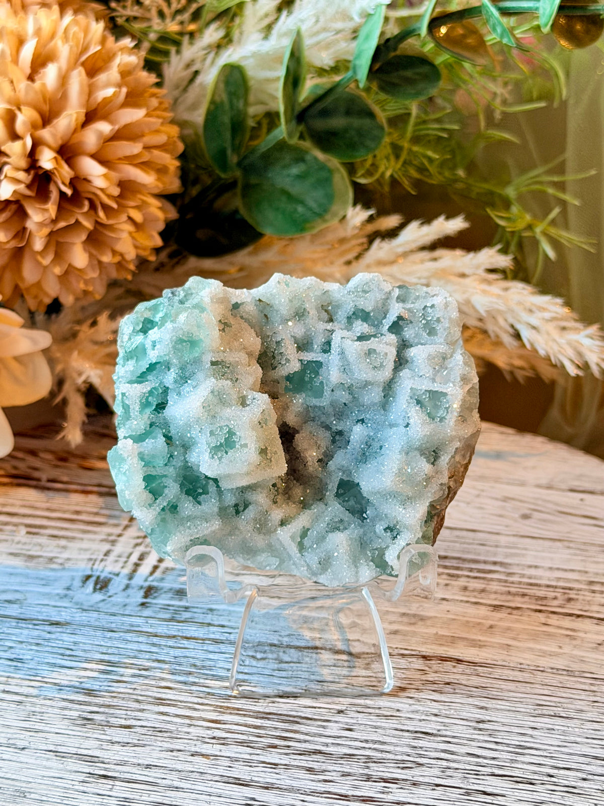 Green Sugar Fluorite Cluster - Stand Included