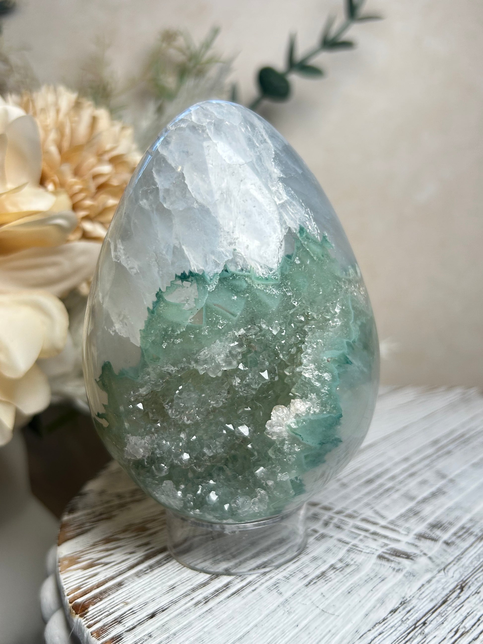 Rainbow Amethyst crystal egg displaying sparkle and layered Agate patterns