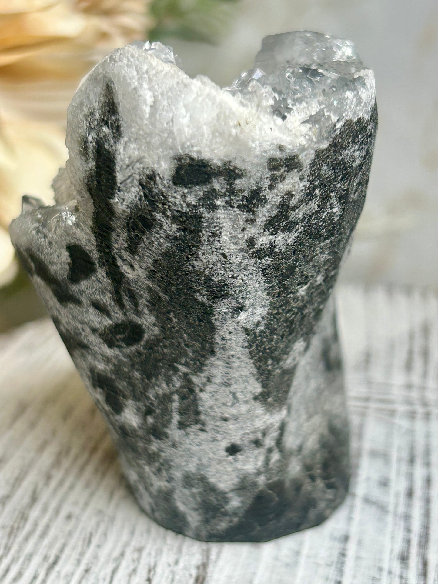 Self-Standing Apophyllite on Shimmering Grey Chalcedony – Natural Crystal Cluster Specimen