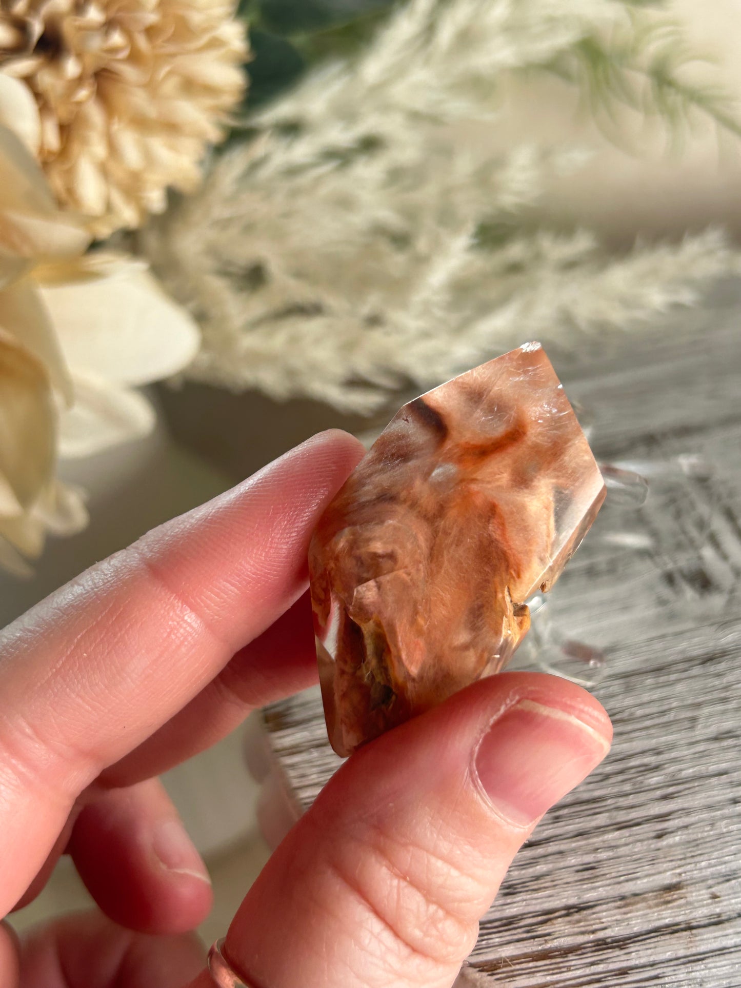 High Grade Amphibole Quartz Freeform – Orange Plume Inclusion - Stand Included