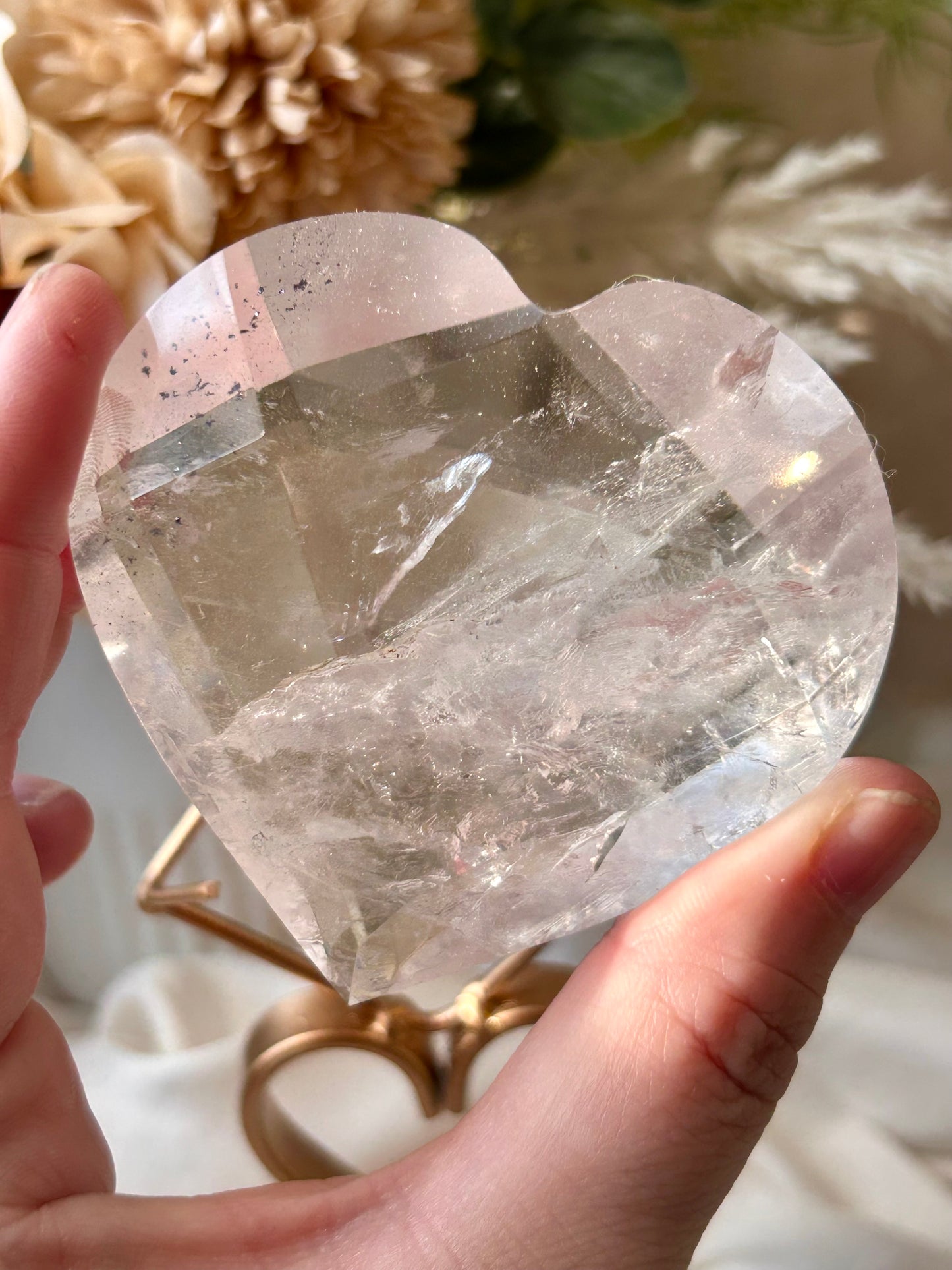Faceted Clear Quartz Display Crystal on Custom Stand – Natural Quartz Piece - Hematite Inclusions