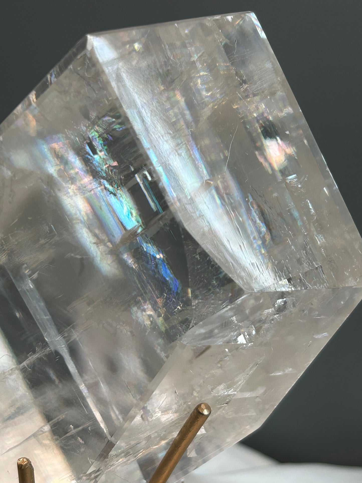 Optical Calcite Cube — Clear Iceland Spar Crystal | Custom Stand