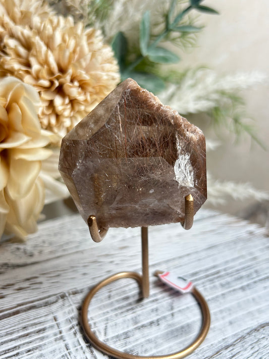 Rutilated Quartz Statement Piece on Stand | Natural Golden Rutile Inclusions | One of a Kind Display Crystal