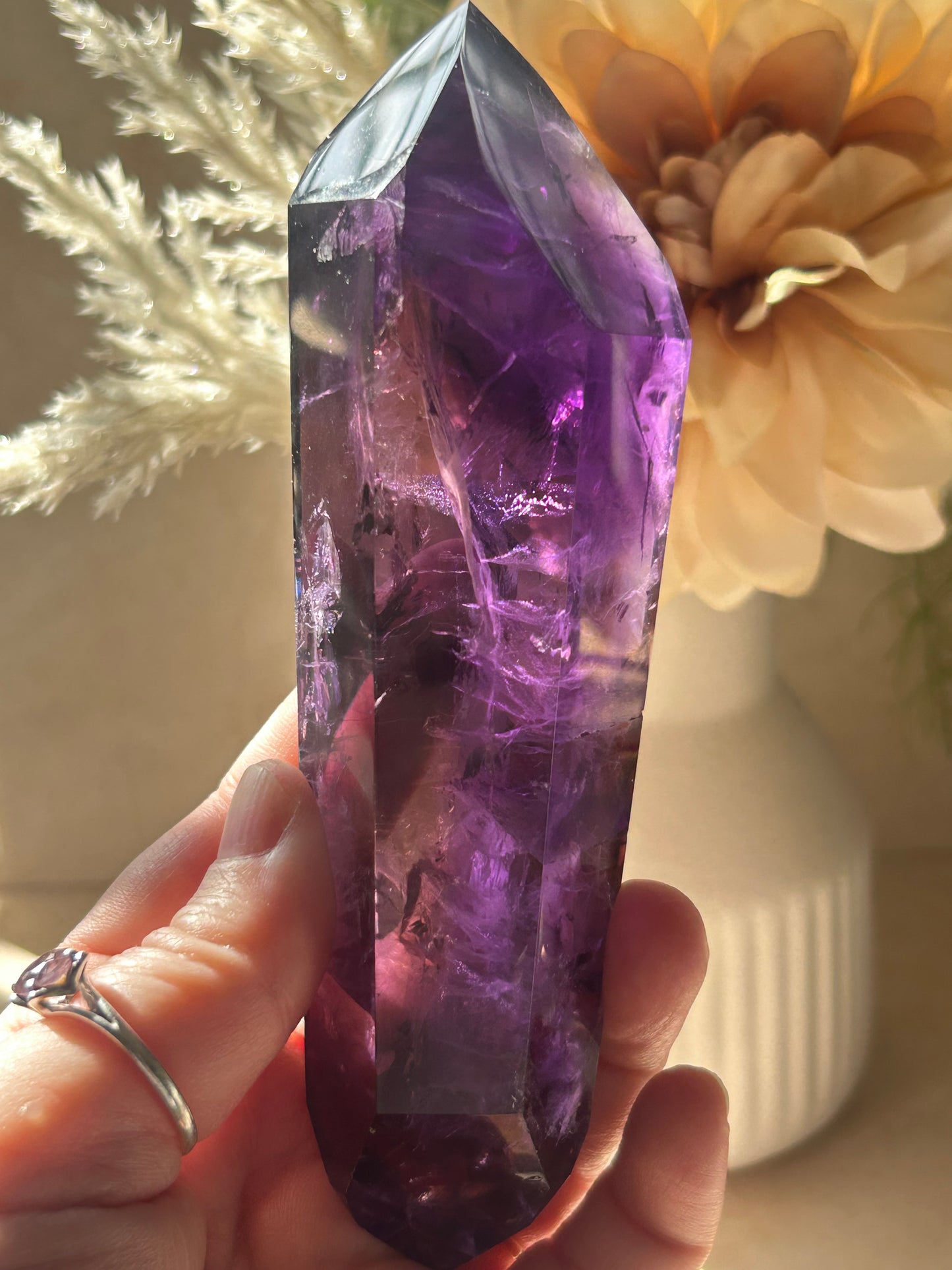 High-Grade Amethyst Point on Display Stand – Deep Violet Clarity Piece