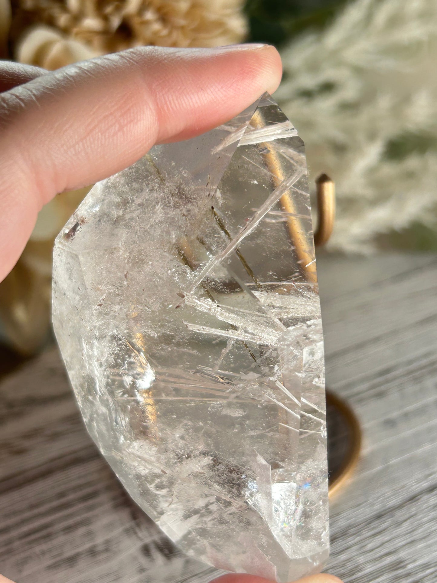 Rutilated Quartz Freeform with White & Silver Rutile and Green Tourmaline