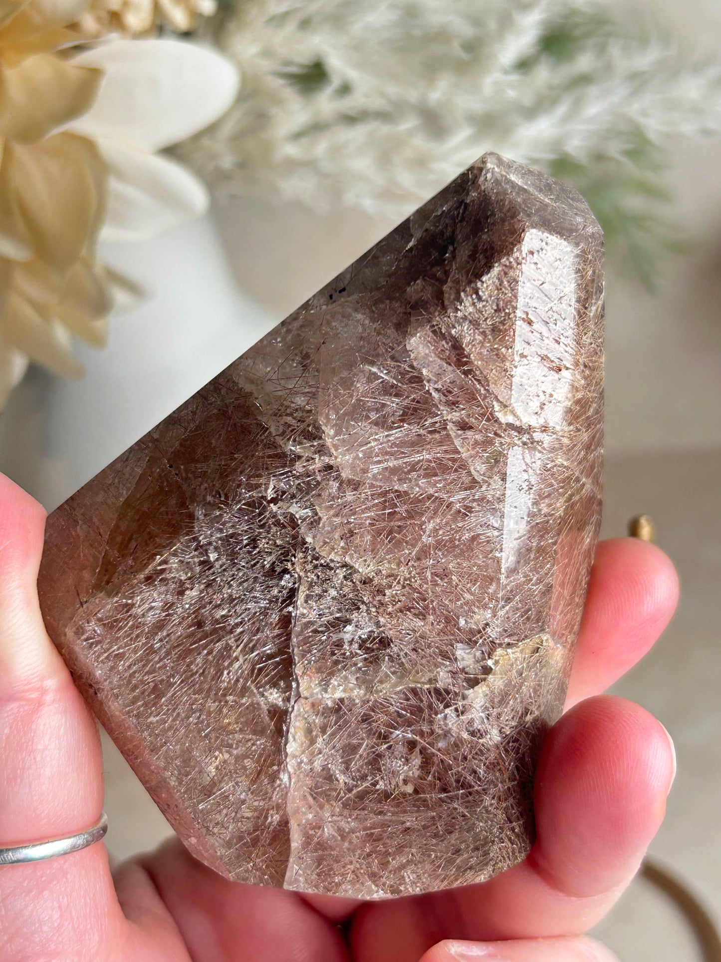 Rutilated Quartz Semi-Polished Statement Piece on Stand | Dense Golden Rutile Inclusions | One of a Kind Display Crystal