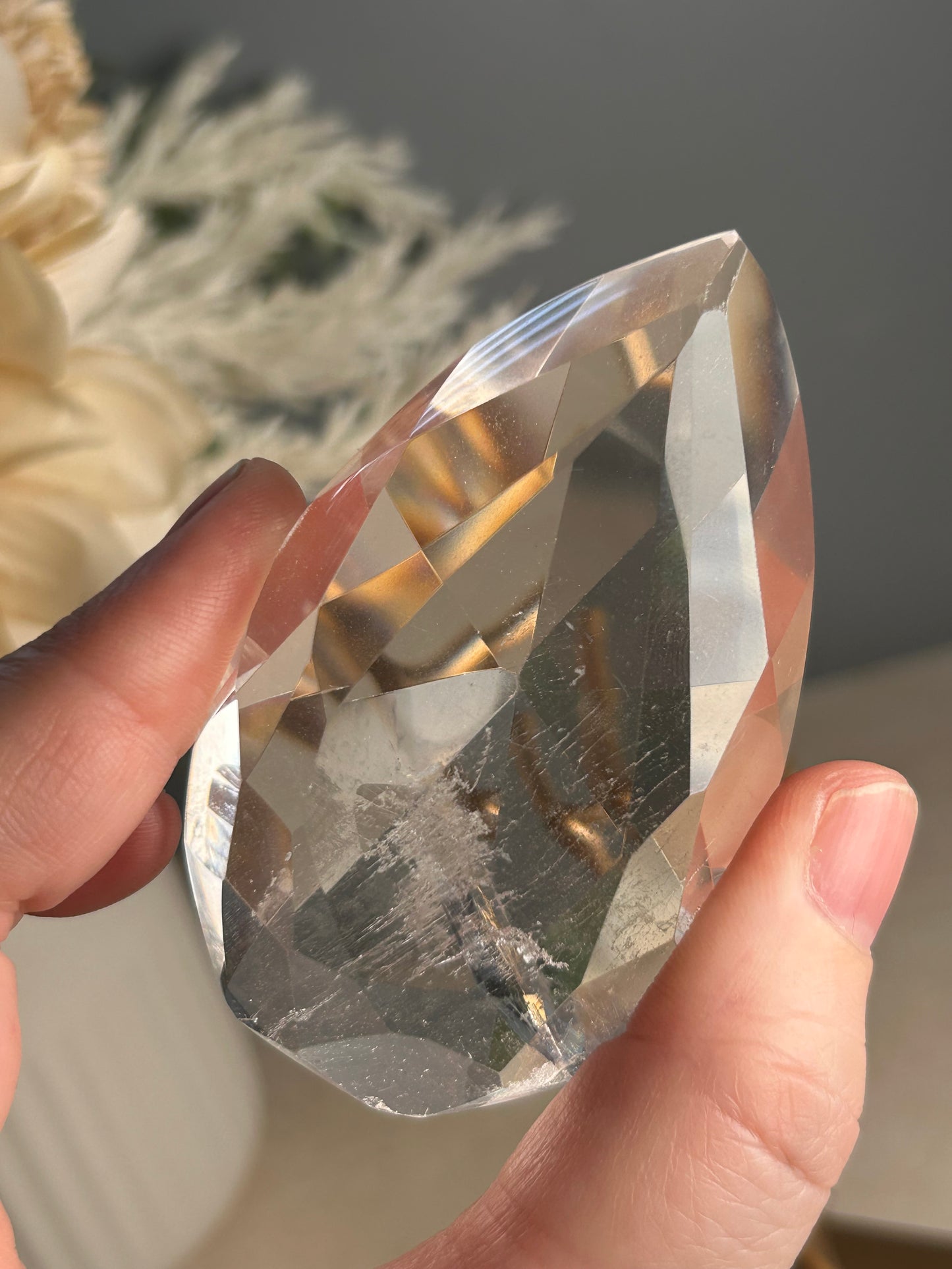 Faceted Clear Quartz Display Crystal on Custom Stand – Natural Quartz Piece - Iron “Butterfly” Inclusion