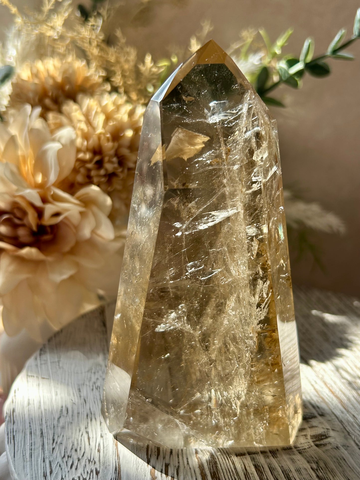 Large Citrine Tower – Golden  Point with Wispy Inclusions - Rainbow Inclusion
