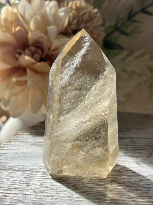 Polished Natural Citrine tower with warm golden tones and glossy finish