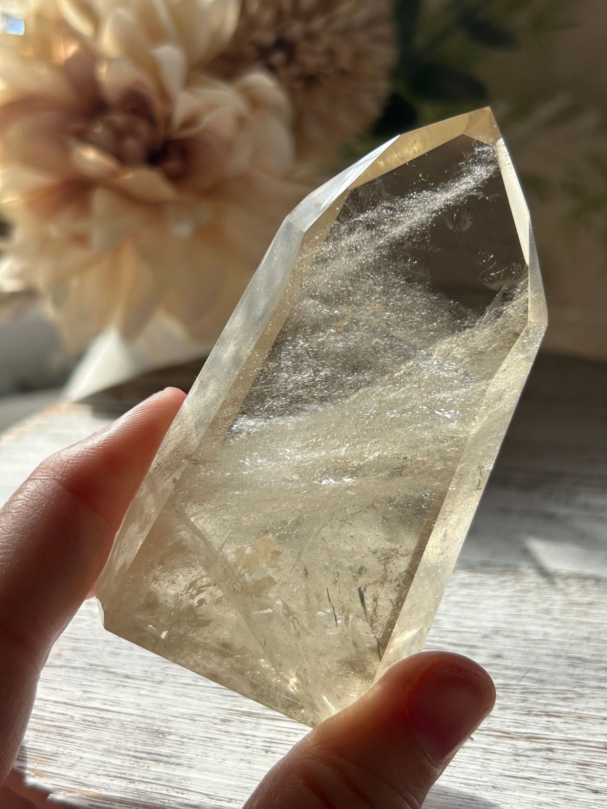 Clear crystal held by a hand with flowers in the background