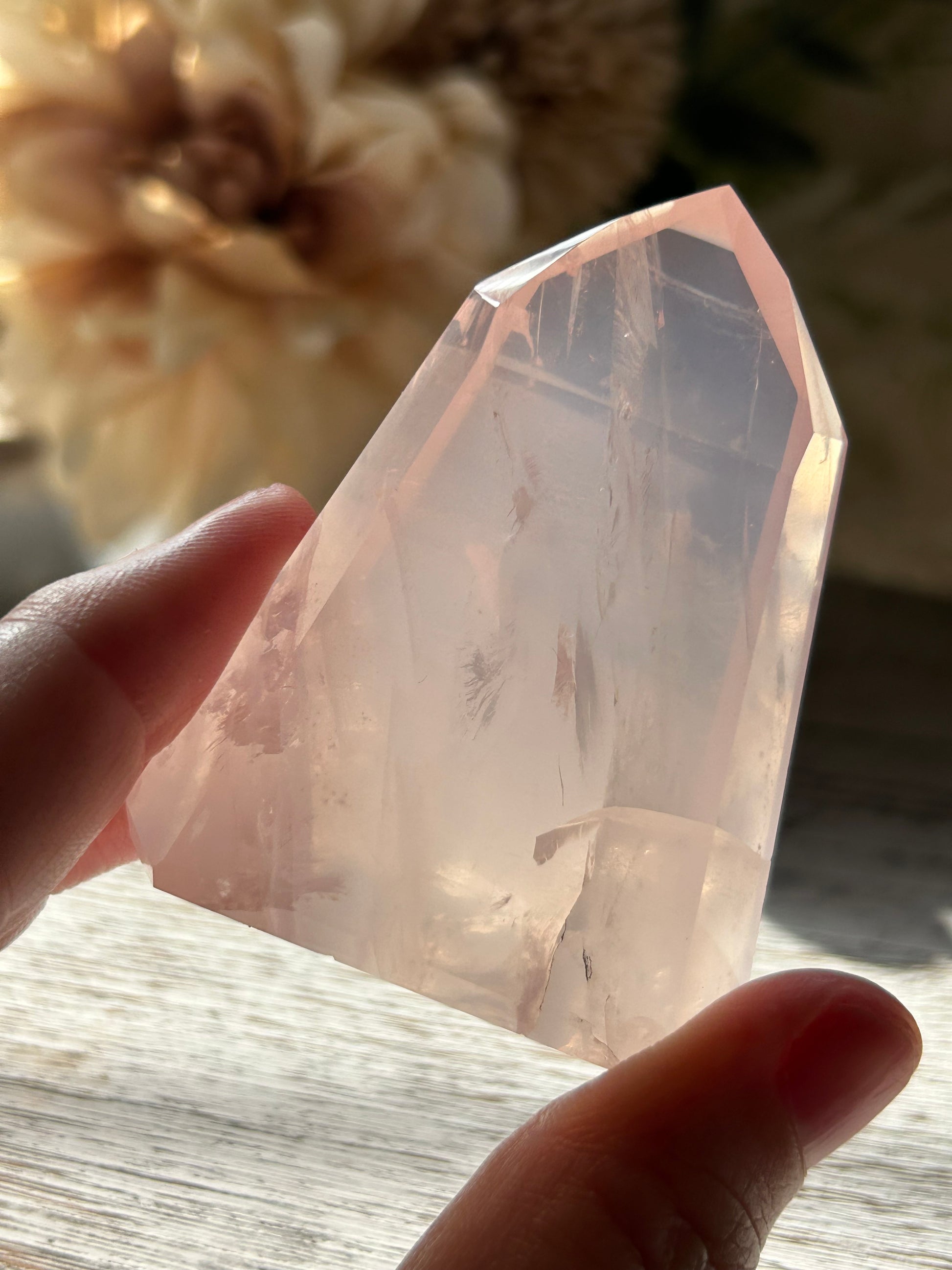 Person holding a large crystal with a blurred background