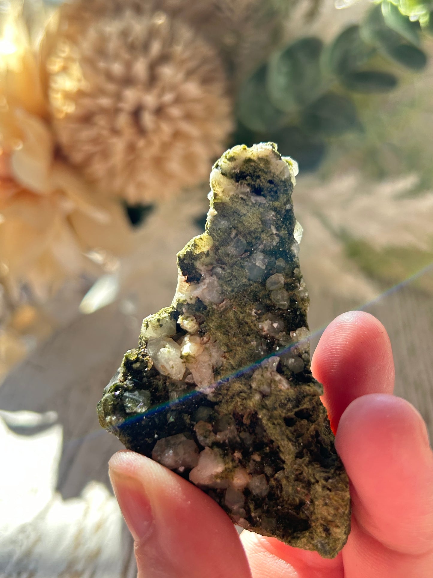 Hand holding a crystal with a blurred natural background