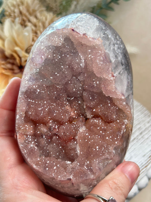 Pink Rainbow Amethyst druzy freeform with sparkling blush crystal formations and polished outer edges.