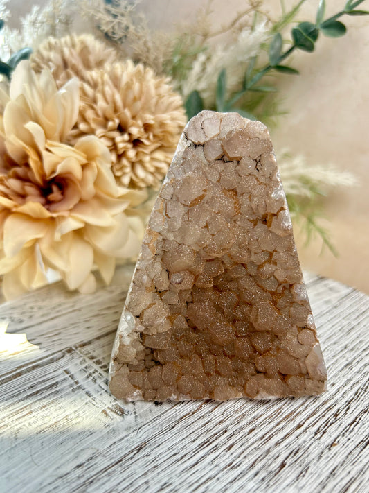 Champagne Rainbow Amethyst sugar druzy cut base with sparkling beige crystal formations and warm neutral tones.