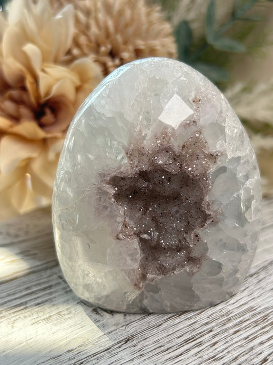 Rainbow Amethyst freeform with sparkling pink druzy centre, soft translucent quartz, and floral-like crystal formation.