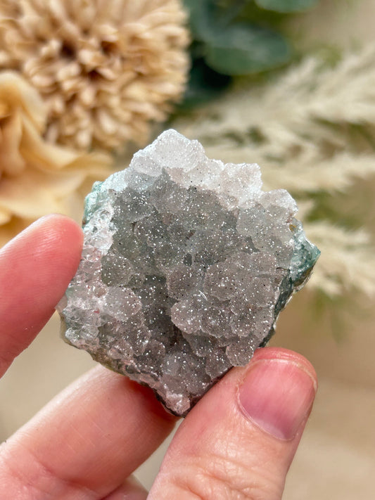 Grey sugar druzy Rainbow Amethyst cluster with sparkling silver-grey crystal texture and raw natural formation.