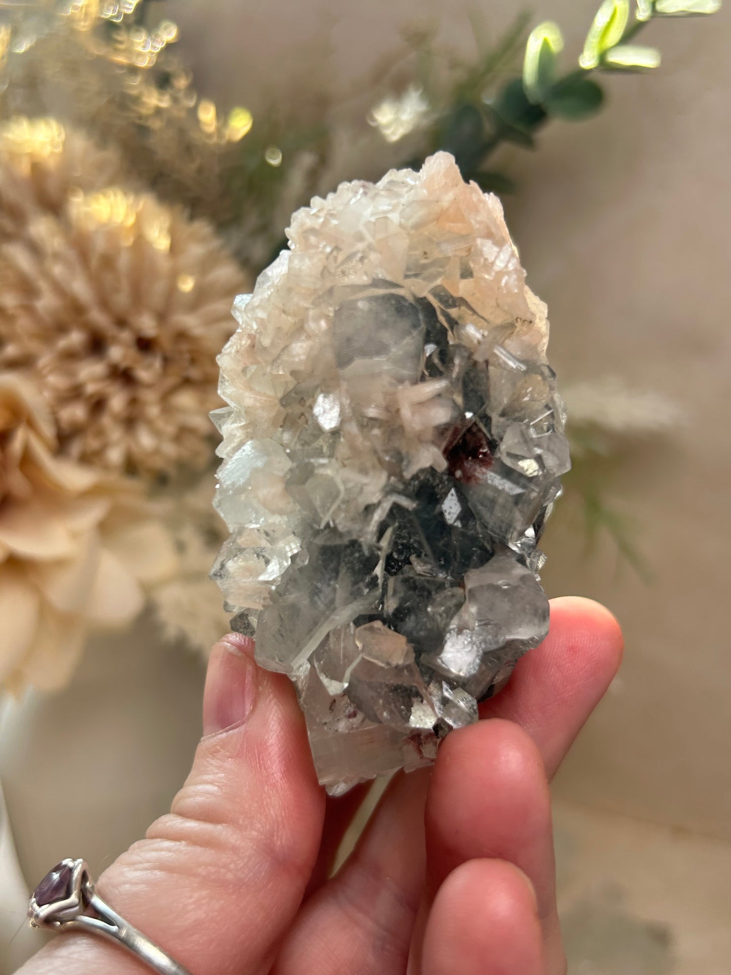 Apophyllite Stalactite with Stilbite petals on Chalcedony