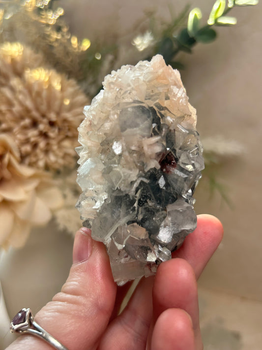 Apophyllite Stalactite with Stilbite petals on Chalcedony