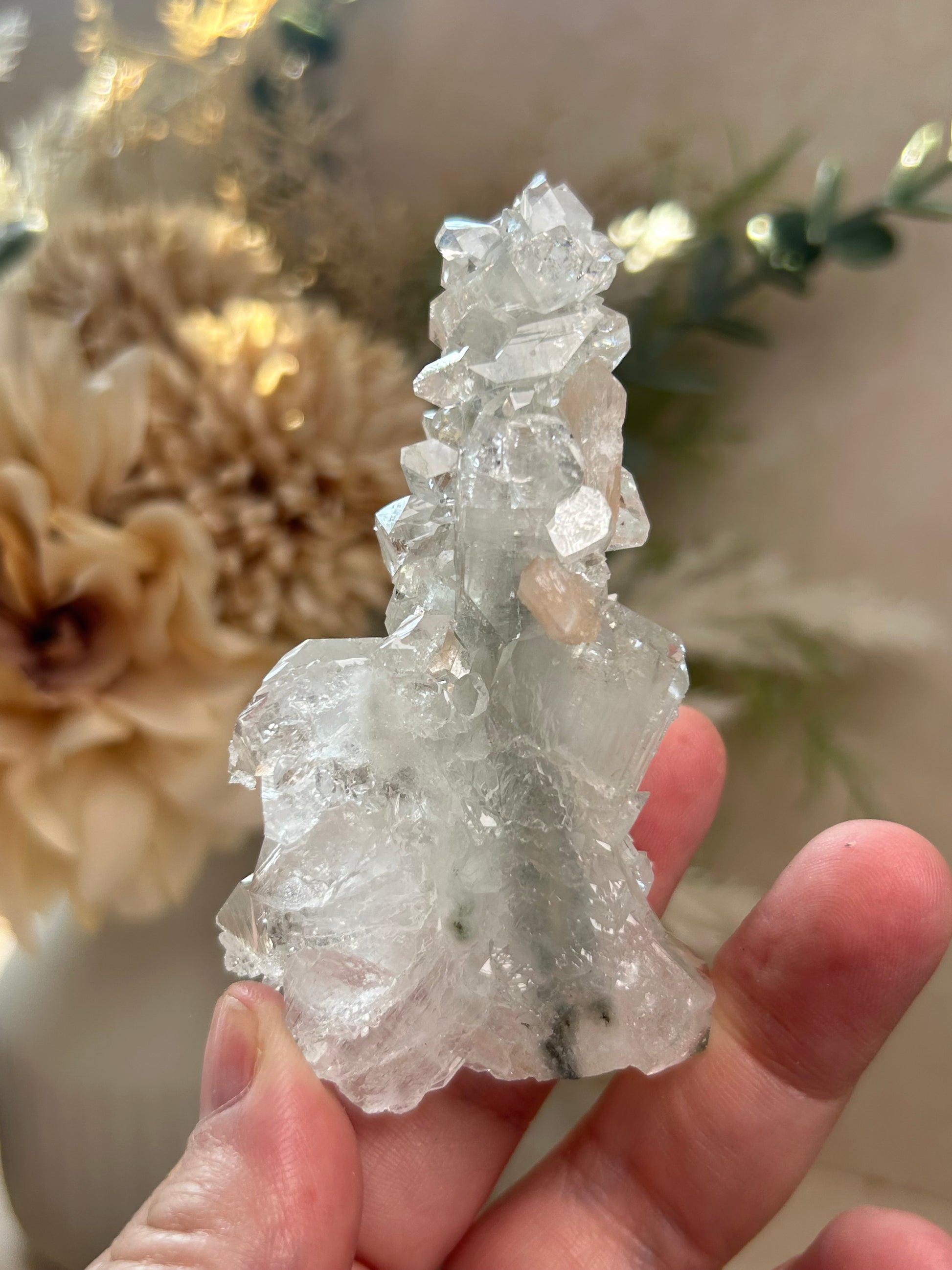 Hand holding a crystal with a blurred natural background