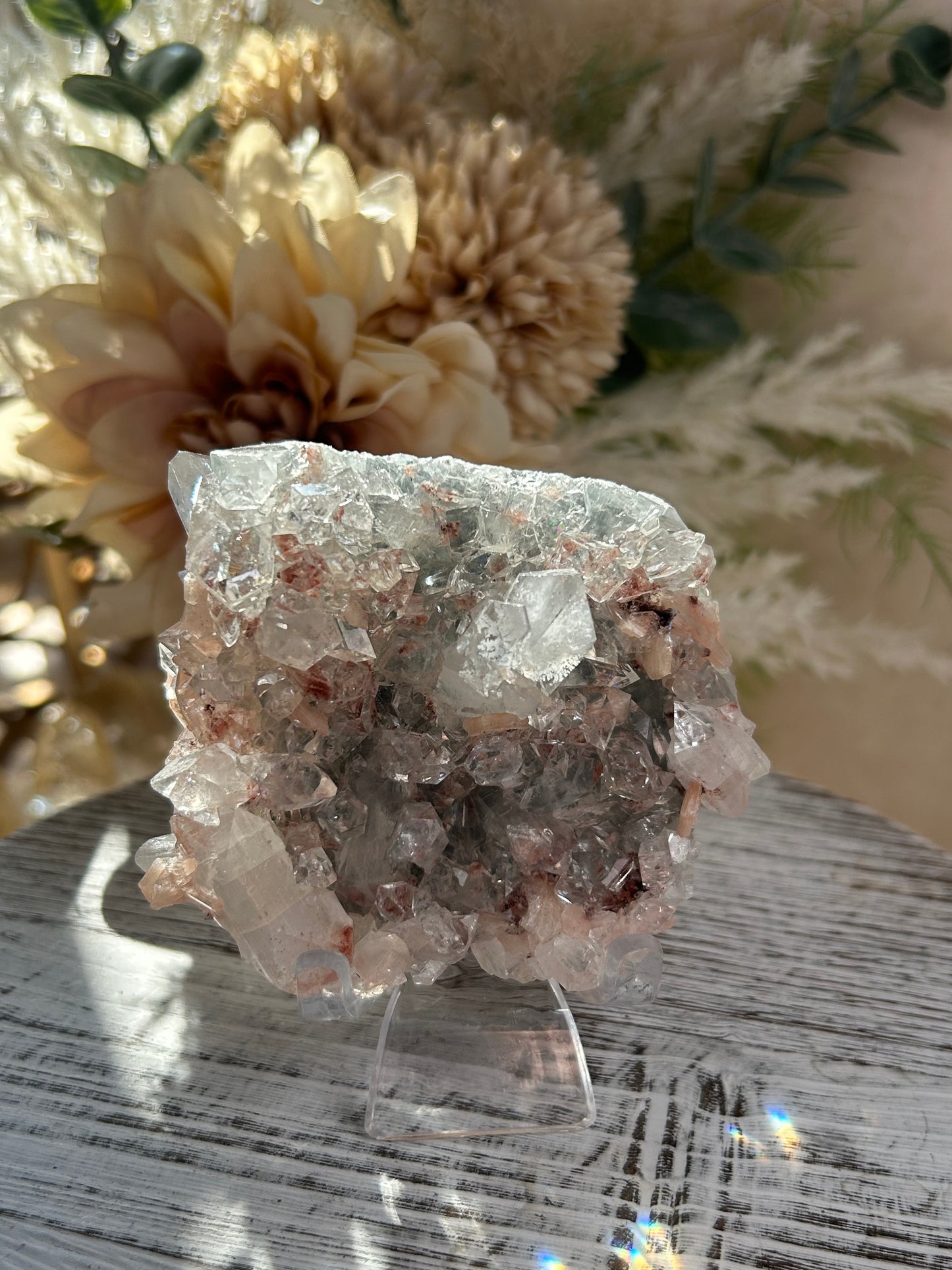 Natural Apophyllite cluster with Stilbite and Heulandite featuring sparkling crystal formations and layered mineral texture.