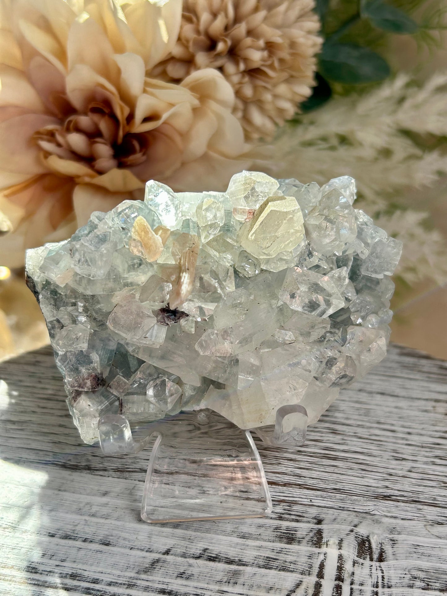 Natural Apophyllite cluster with Stilbite and Heulandite featuring sparkling crystal formations and layered mineral texture.