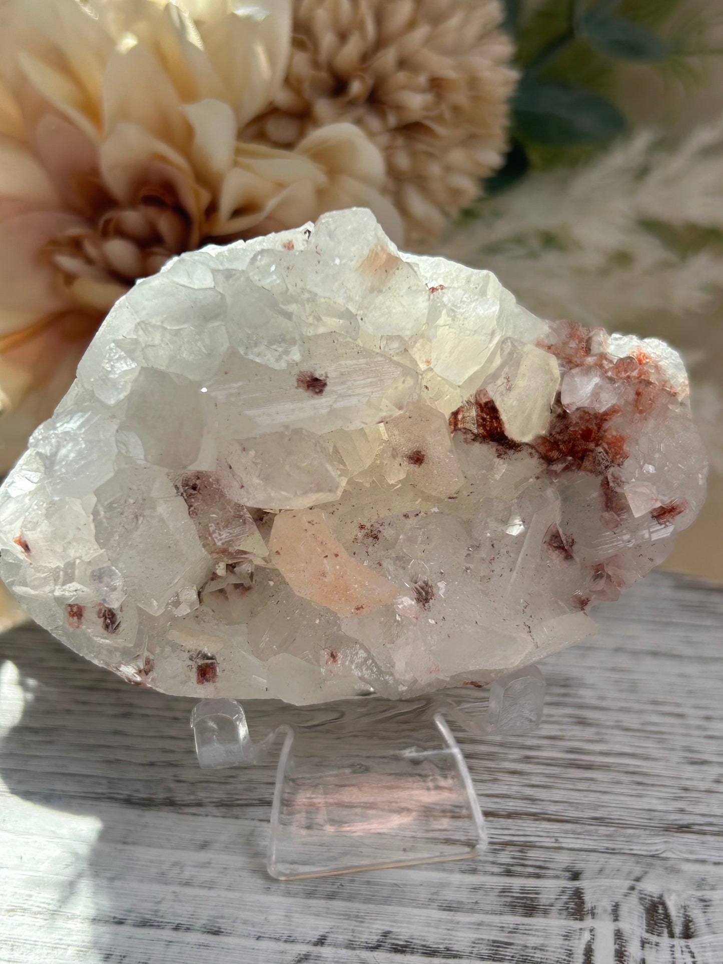 Natural Apophyllite cluster with Stilbite and Heulandite featuring sparkling crystal formations and layered mineral texture.