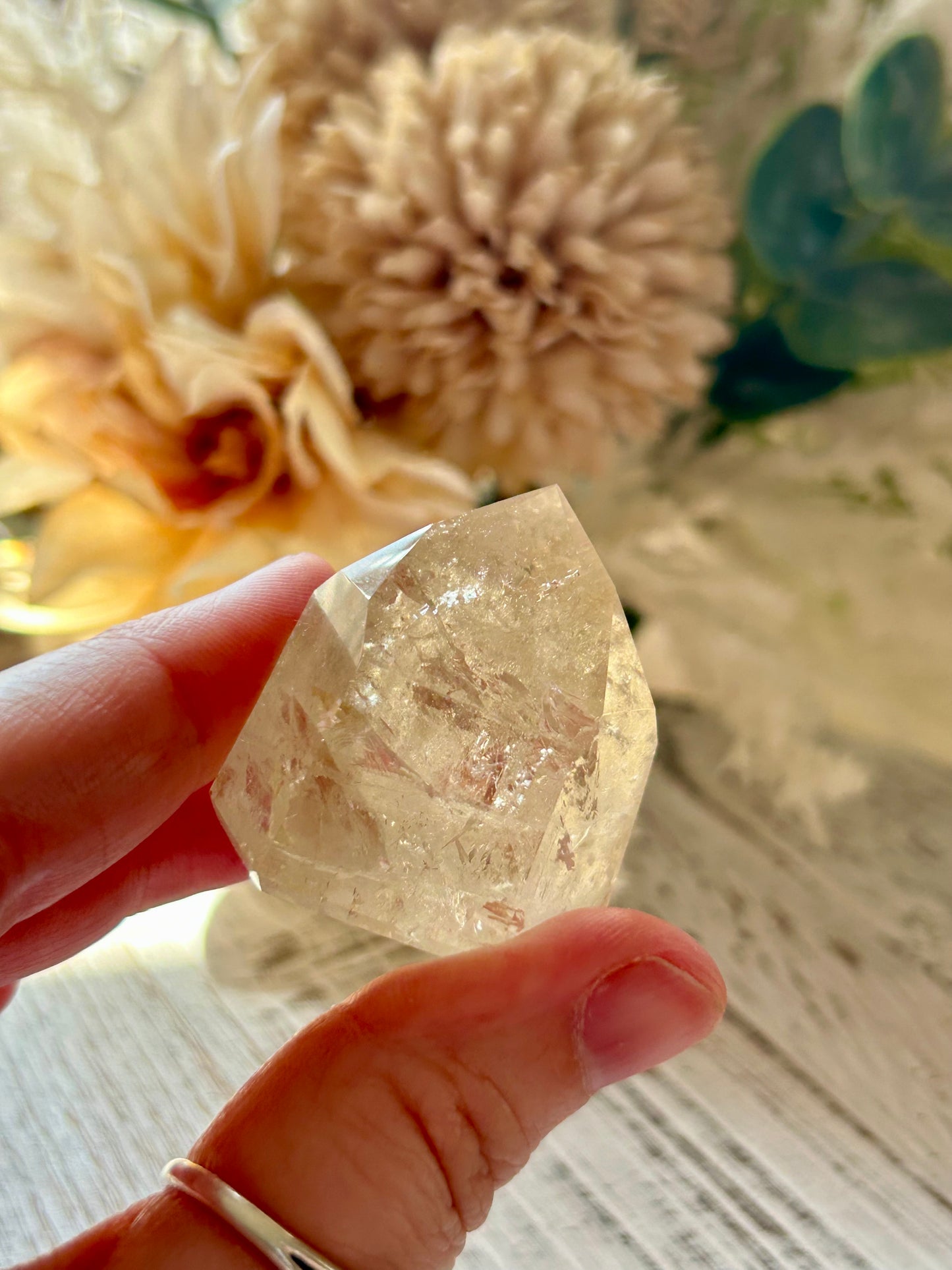Hand holding a clear crystal with flowers in the background