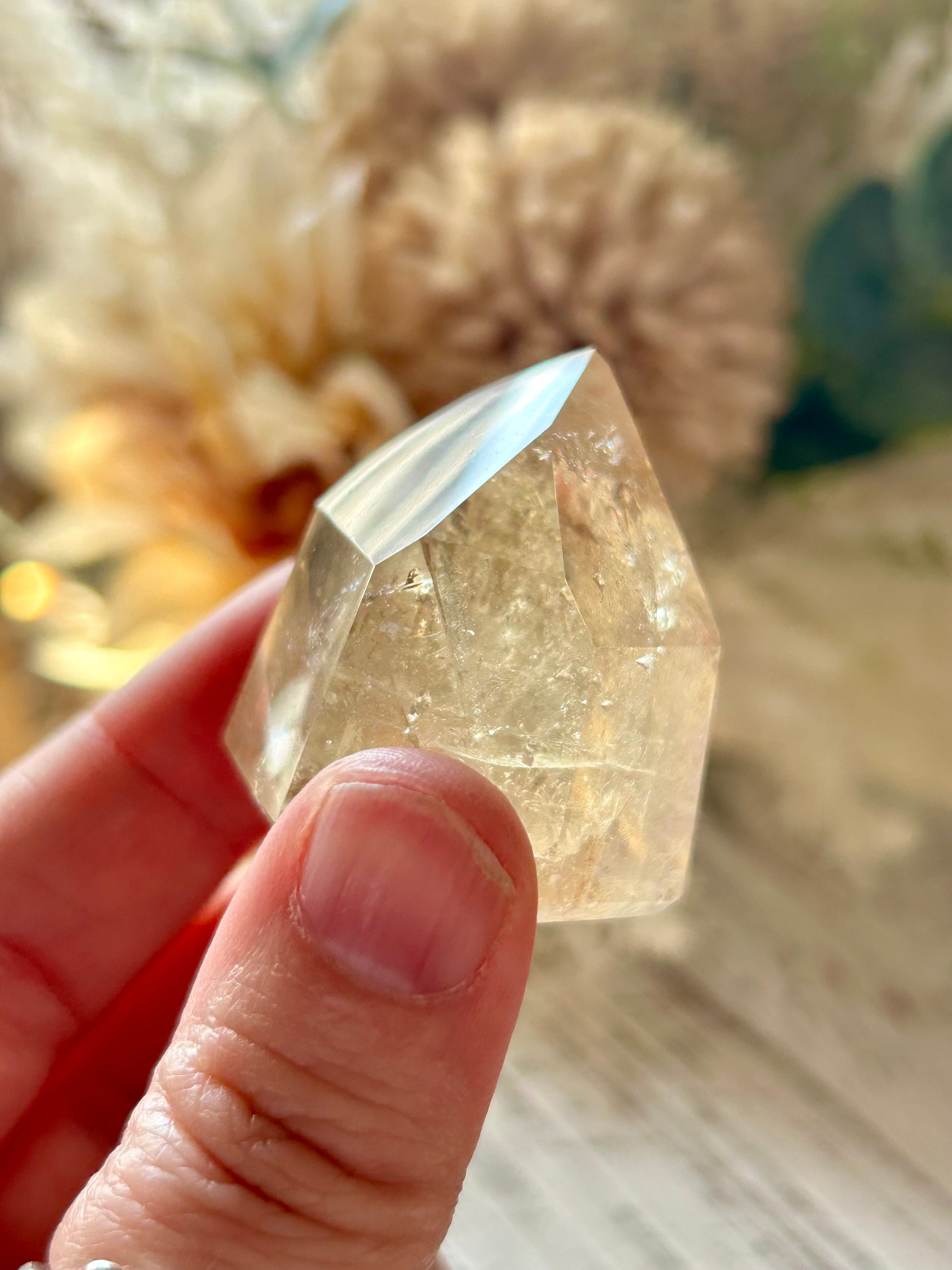 Champagne Citrine polished point with soft golden clarity, natural internal texture, and warm translucent tones.