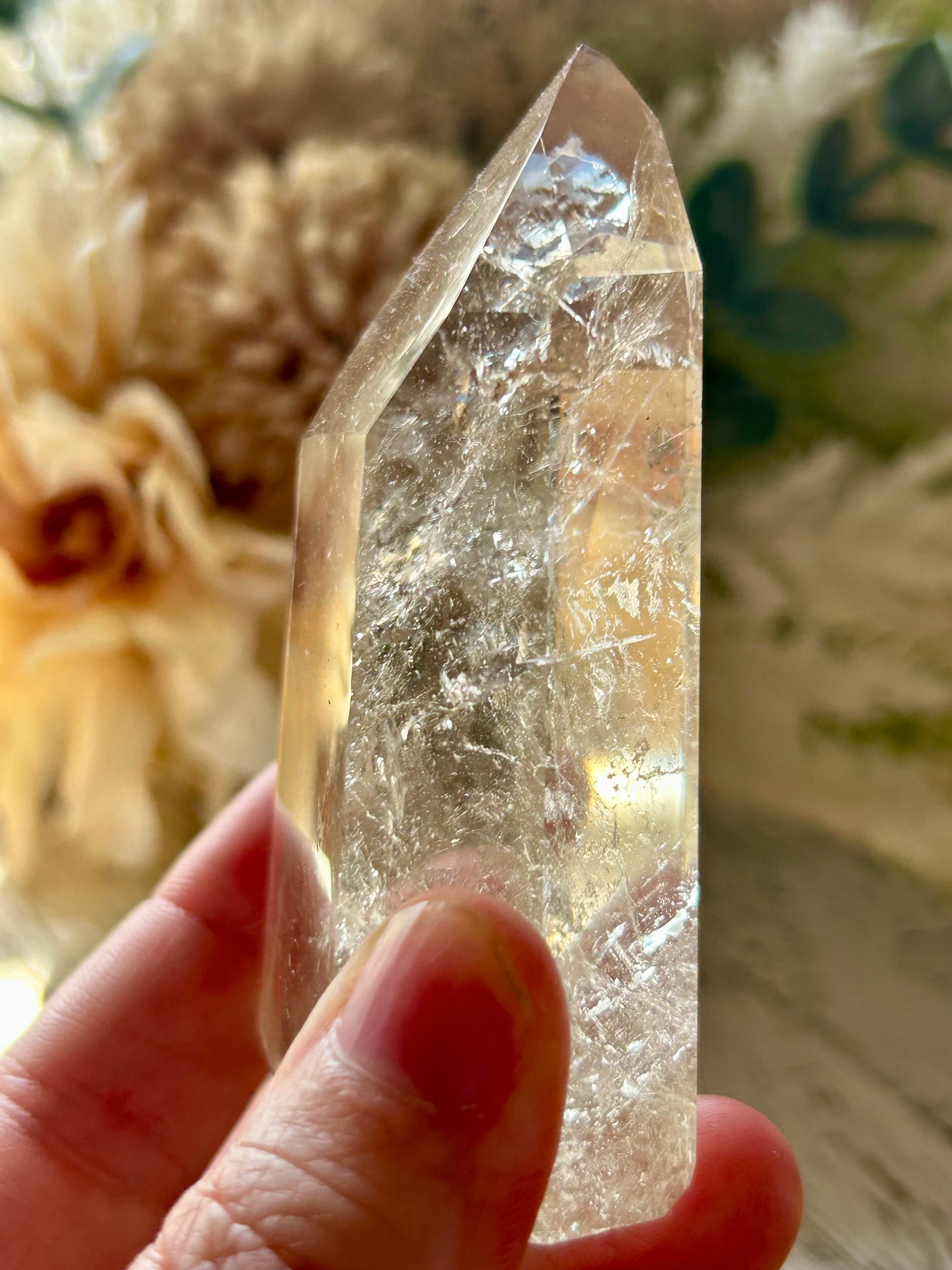 Champagne Citrine polished point with soft golden clarity, natural internal texture, and warm translucent tones.