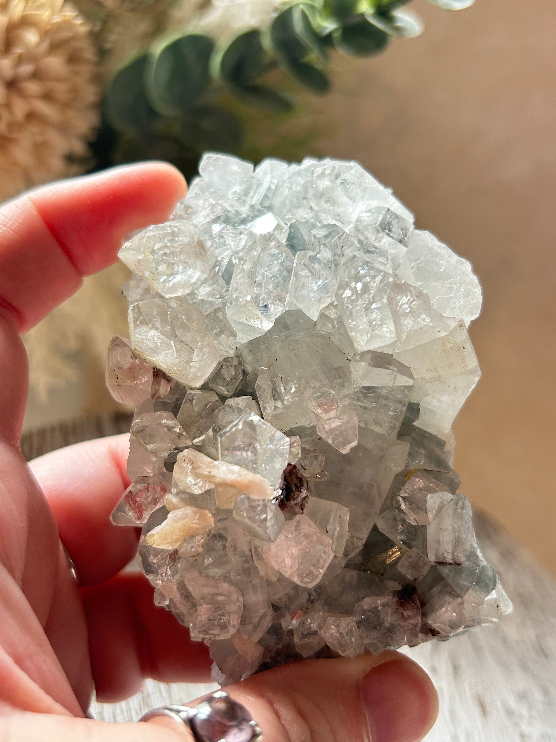 Hand holding a crystal cluster with a blurred natural background