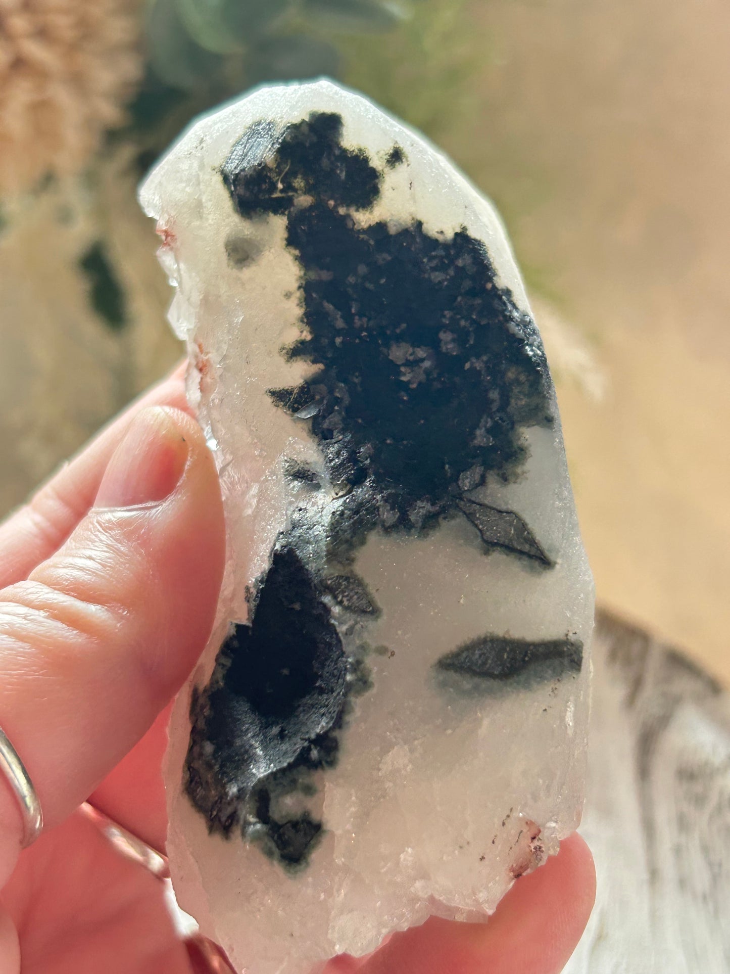 Clear crystal with black inclusions held by a hand against a blurred natural background
