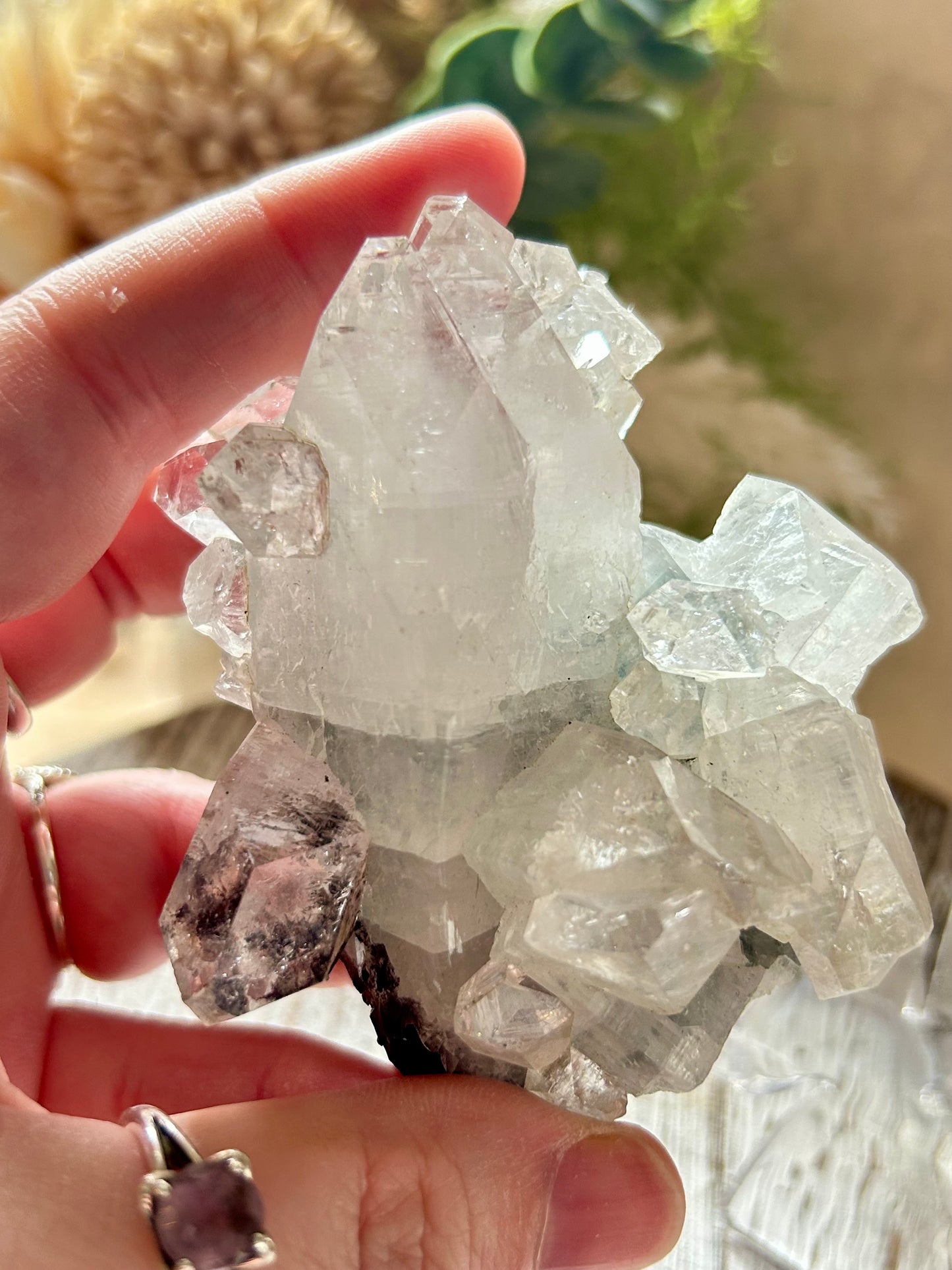 Clear crystal cluster held by a hand with a blurred natural background