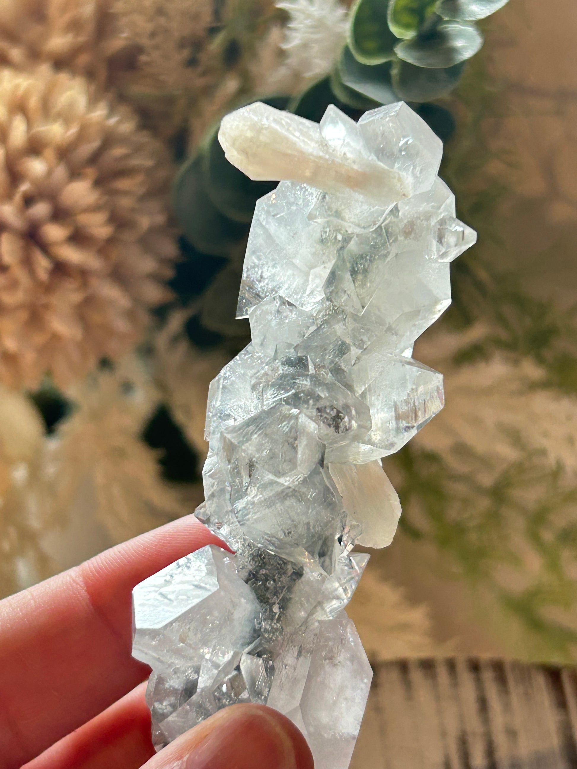 Clear crystal rock held by a hand with a blurred natural background
