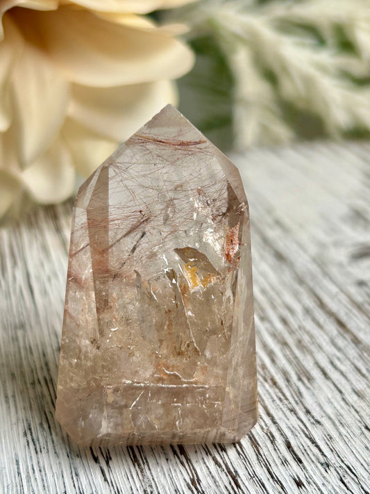 Rutilated Quartz Tower – Dense Angel Hair Rutile - Copper Pinkish Threads - Semi Polished