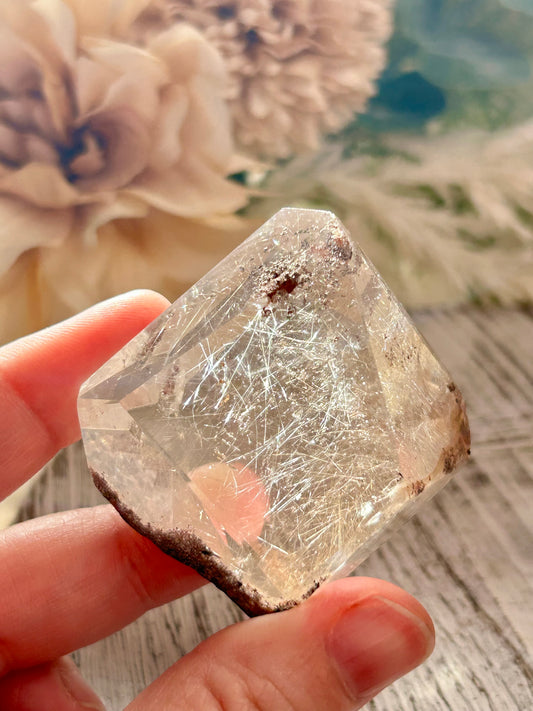 Hexagonal crystal held by a hand with blurred flowers and landscape in the background