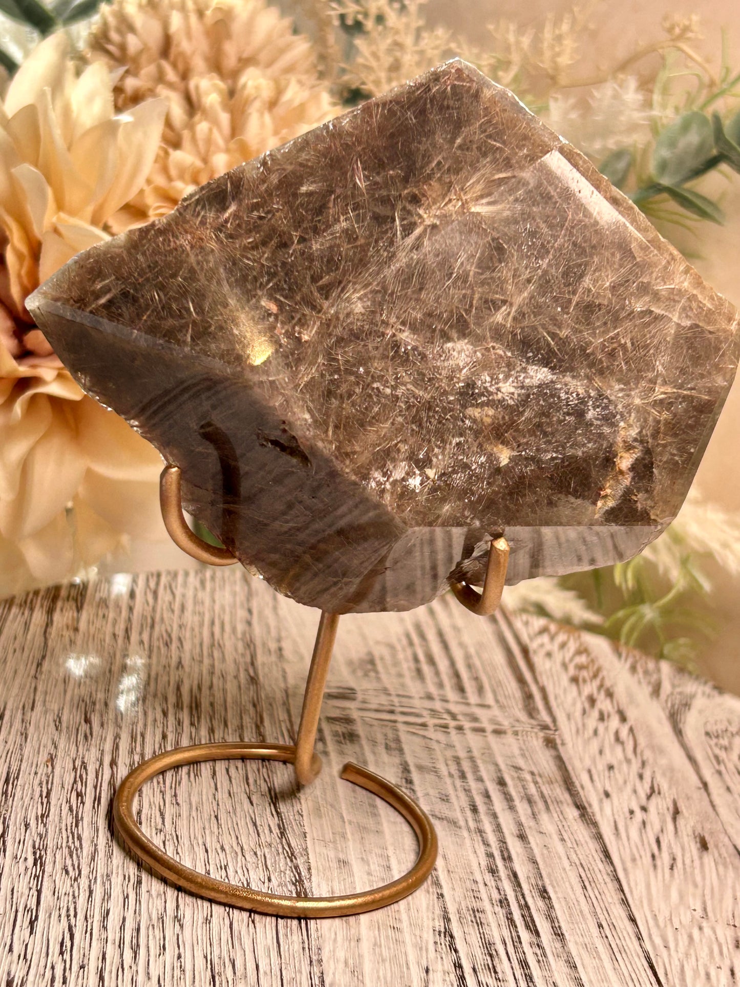 Rutilated Quartz Freeform – Angel Hair Rutile - Gold Threads - Semi Polished - With Display Stand