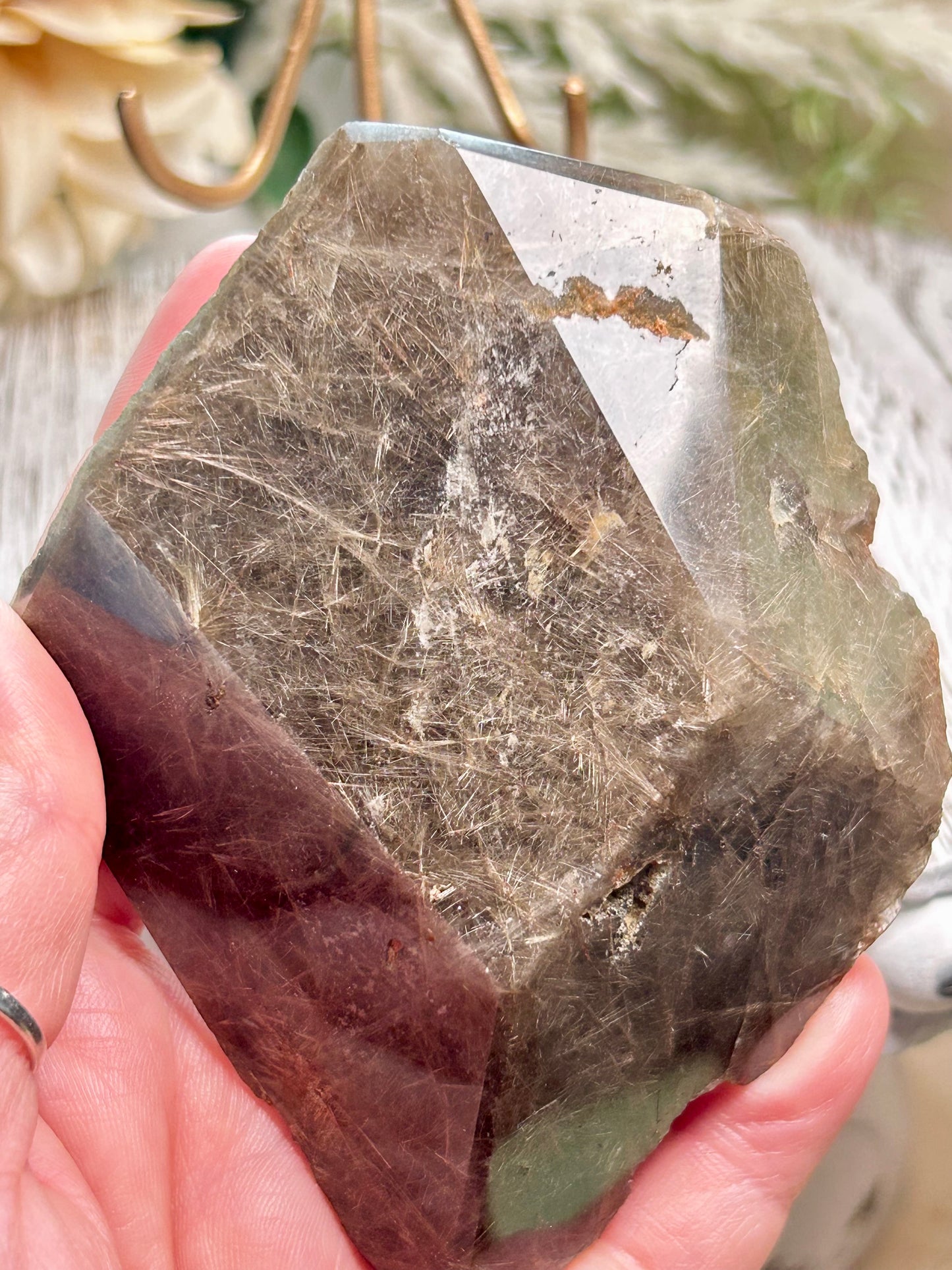 Rutilated Quartz Freeform – Angel Hair Rutile - Gold Threads - Semi Polished - With Display Stand